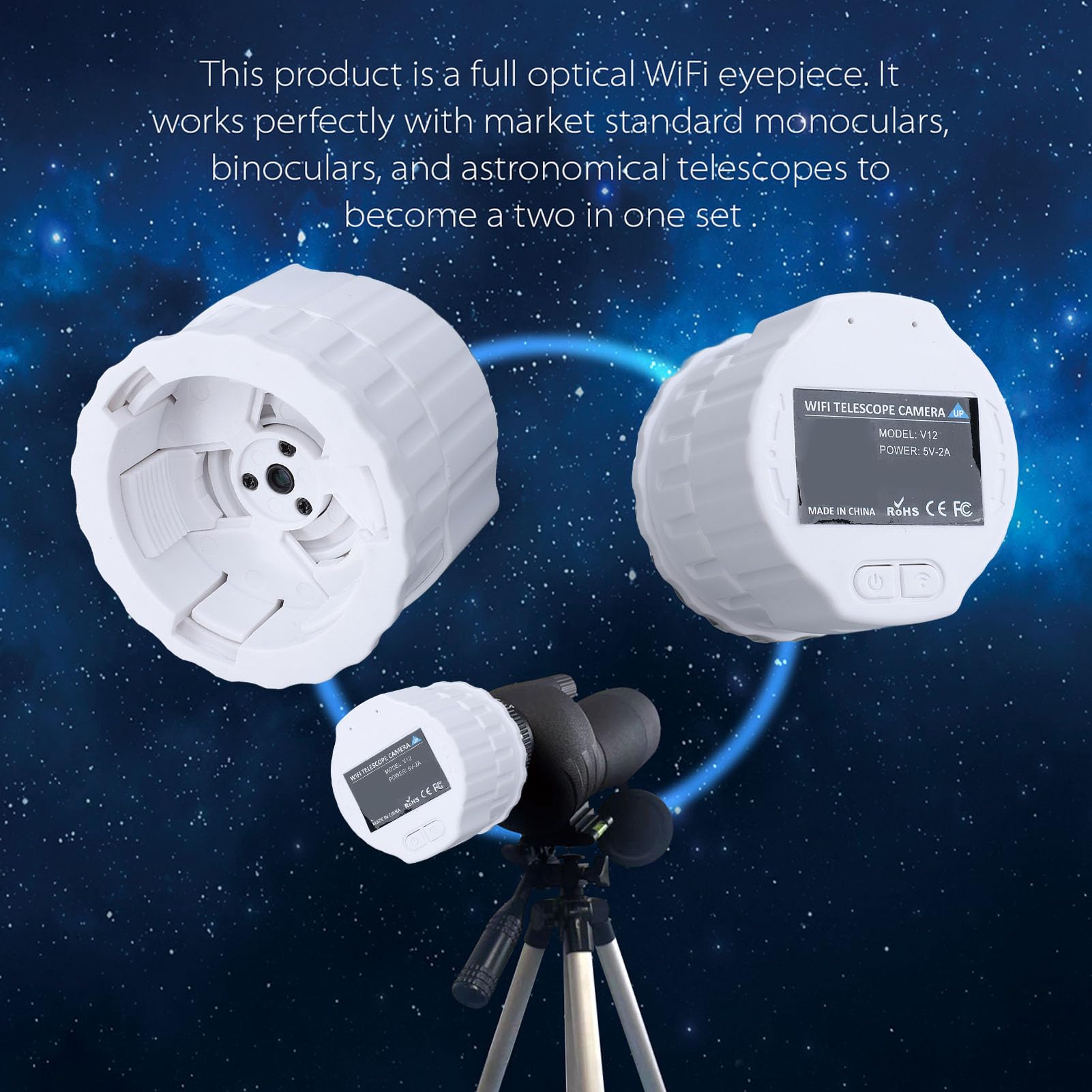Ocular Digital Inalámbrico WiFi, Ocular Electrónico Inalámbrico Compatible con Grabación de Vídeo 2K y Fotos de 40 MP, Cámara Telescópica Digital para Telescopios de 30 Mm a 50