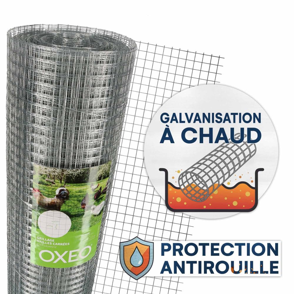 Oxeo Grillage à Poule 30m Haut 1m - Acier galvanisé à Chaud – Maille 16x16mm - Filet de clôture pour poulailler - Epaisseur Fil 0,8mm