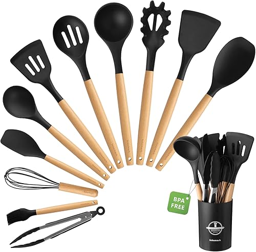 Juego de utensilios de cocina de silicona con soporte, juego de 12 utensilios de cocina resistentes al calor con mango de madera, espátula sin BPA,