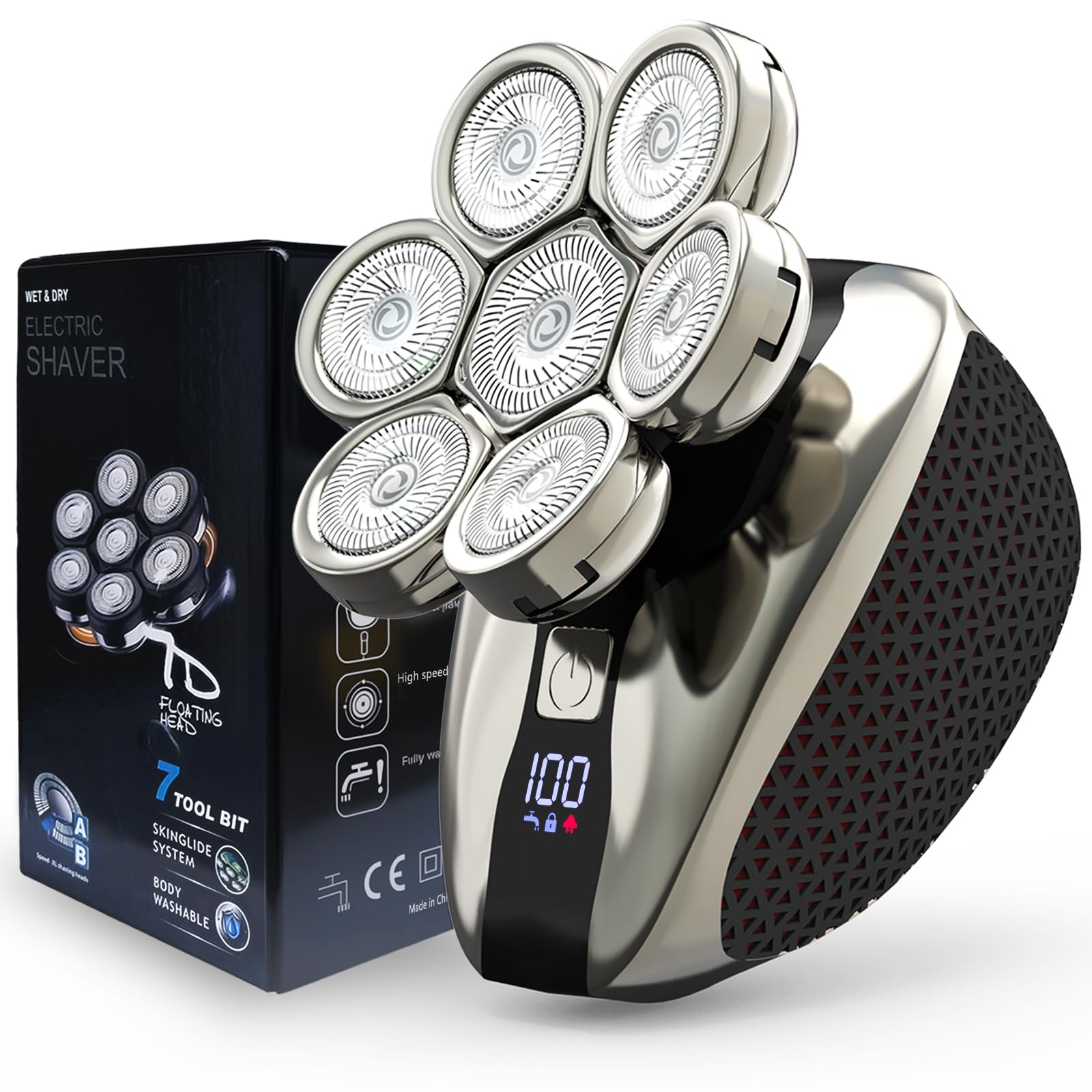 7D Head Shavers for Bald Men, Water Proof Electric Razor for Men with LED Display, Detachable Wet/Dry Anti-Pinch Head Shavers, Shaving Grooming Kit