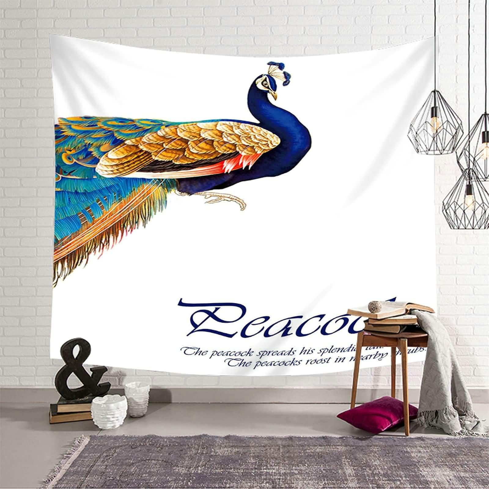 KnSam Peacock Wall Hanging Polyester Tapestry Blue 350 x 256 cm