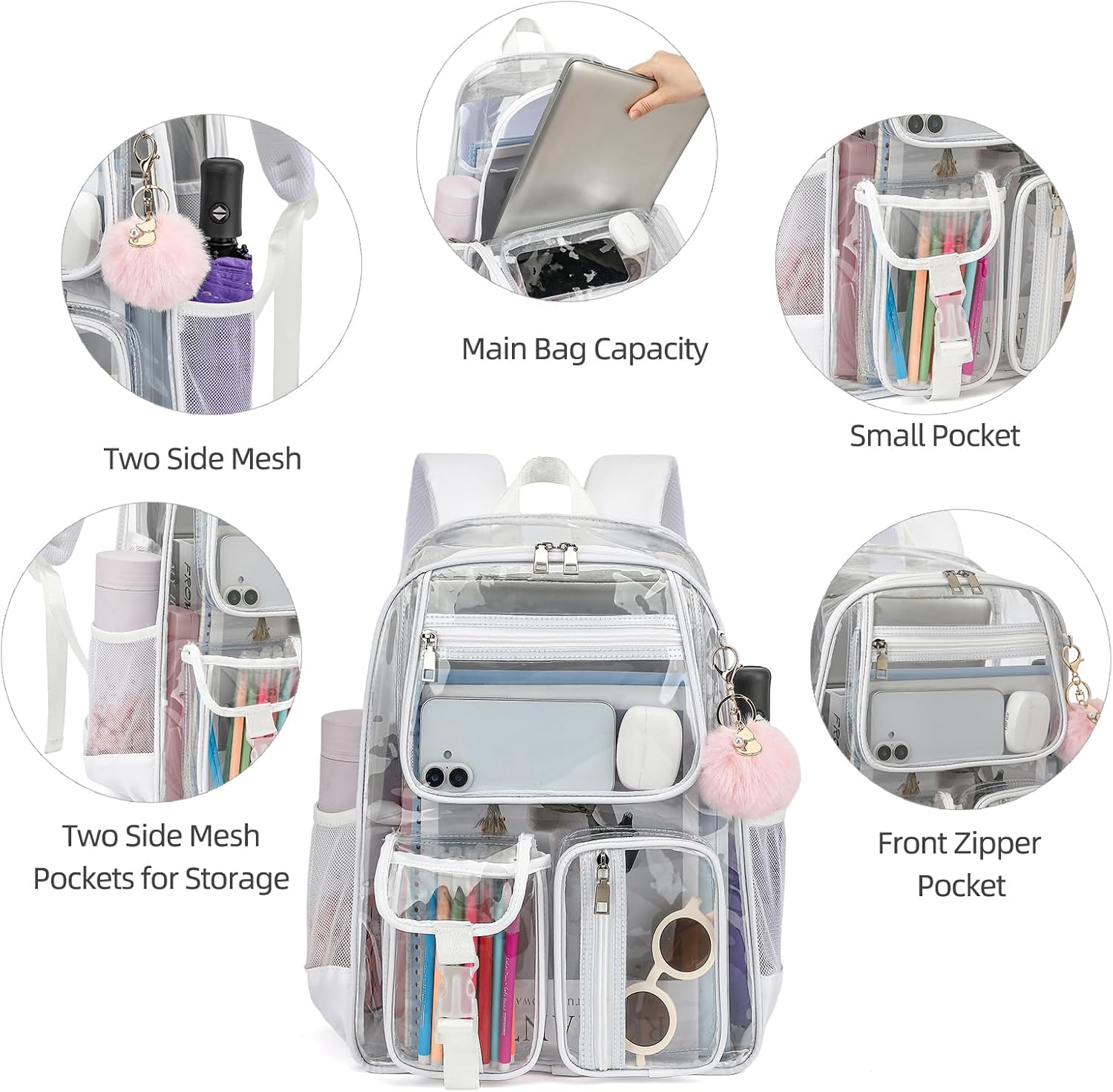 Clear Backpacks for Girls Women, Heavy Duty PVC Transparent School Bookbag See Through Back Pack for College Work Travel (White)