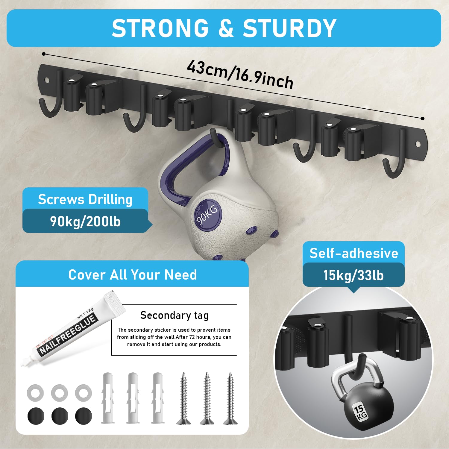 Portascope Da Parete In Acciaio Inox | 5 Ganci E 8 Clip | Organizzatore Per Scope E Utensili - Foto 13