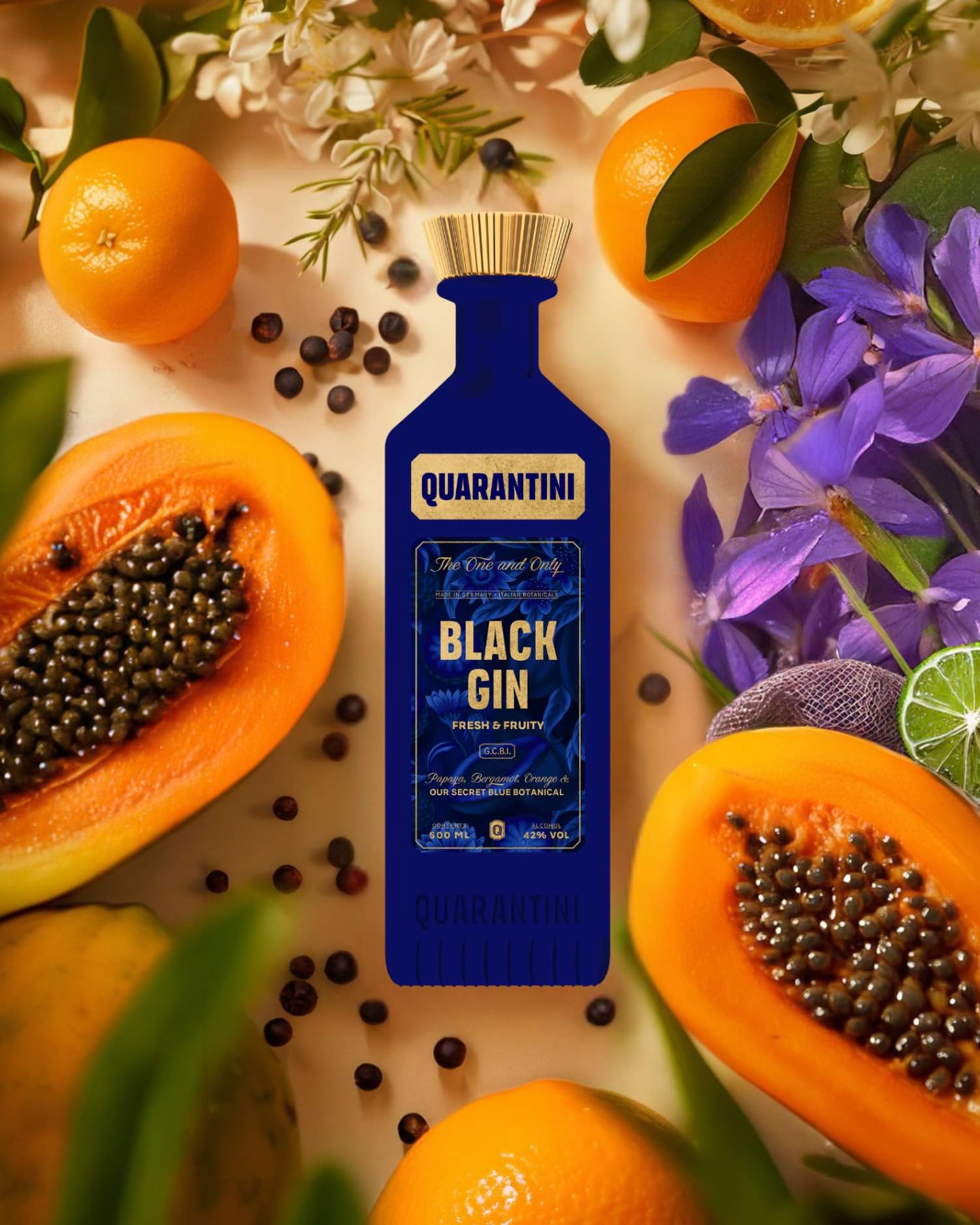 Quarantini Black Gin (500 ml) | Schwarzer Premium Gin 42% Vol. mit hochwertigen, fruchtigen Botanicals aus Papaya & Bergamotte | Ideal als Geschenk