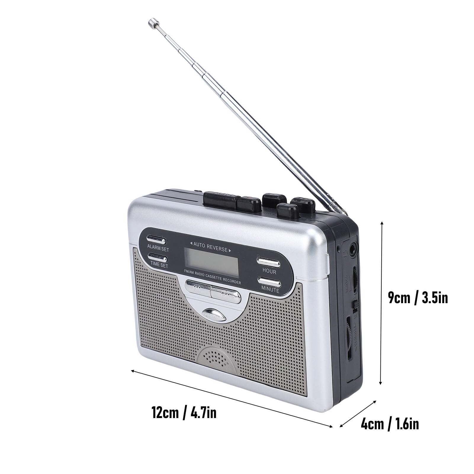 Odtwarzacz Kasetowy w Stylu Retro z funkcją Automatycznego Cofania, Przenośny Radioodtwarzacz AM/FM, Zegar Cyfrowy, Wbudowany Głośnik Stereo, Wyświetlacz LED, Gniazdo