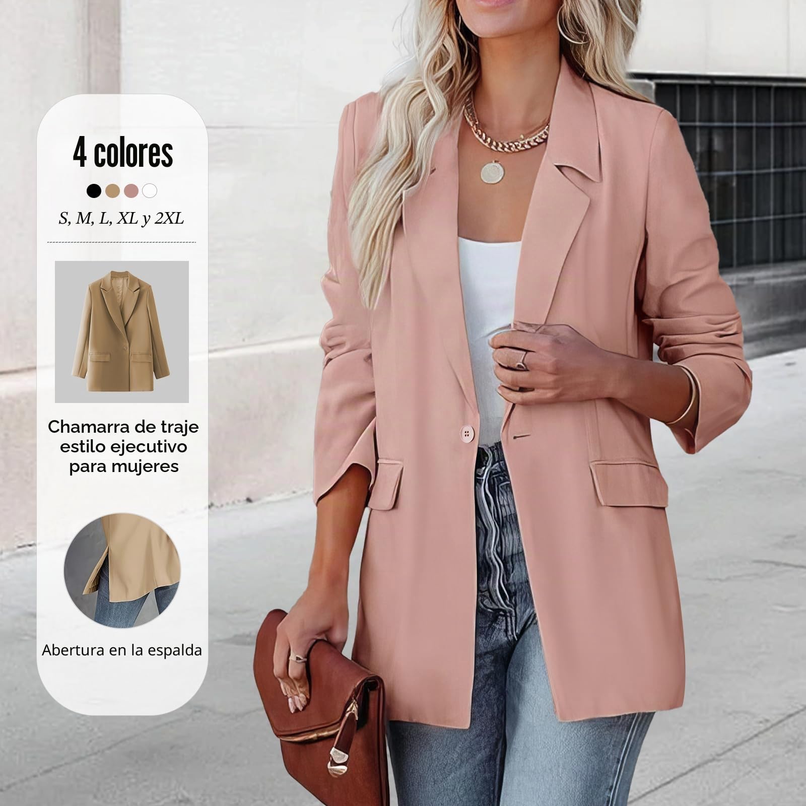 Blazer de Mujer - Chaqueta de Traje Holgada de un Solo Pecho con Abertura Frontal para el Trabajo, Chaquetas de Negocios con Cuello de Solapa y Manga Larga.