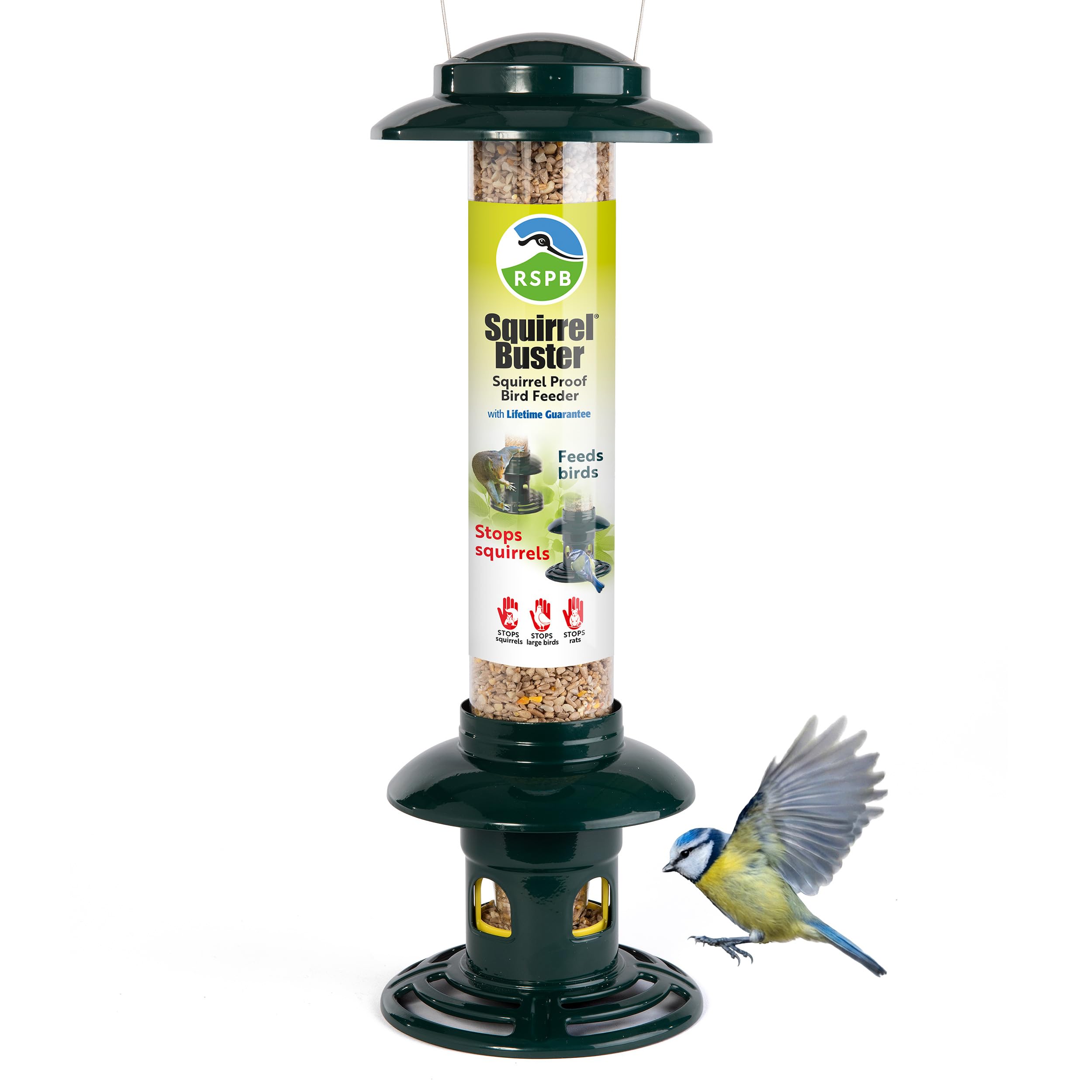 RSPB Squirrel Buster Bird Feeder - 100% Squirrel Proof Bird Feeder UK Supports RSPB Conservation - Easy Clean Bird Feeder for Small Birds, Green