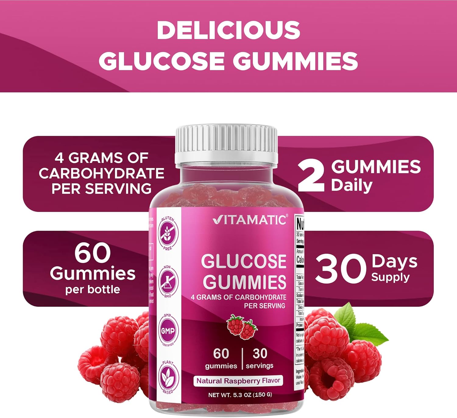 Vitamatic Glucose chewable Gummies - 60 Count - Natural Raspberry Flavor - 4G of Carbohydrate per Serving (1 Bottle)