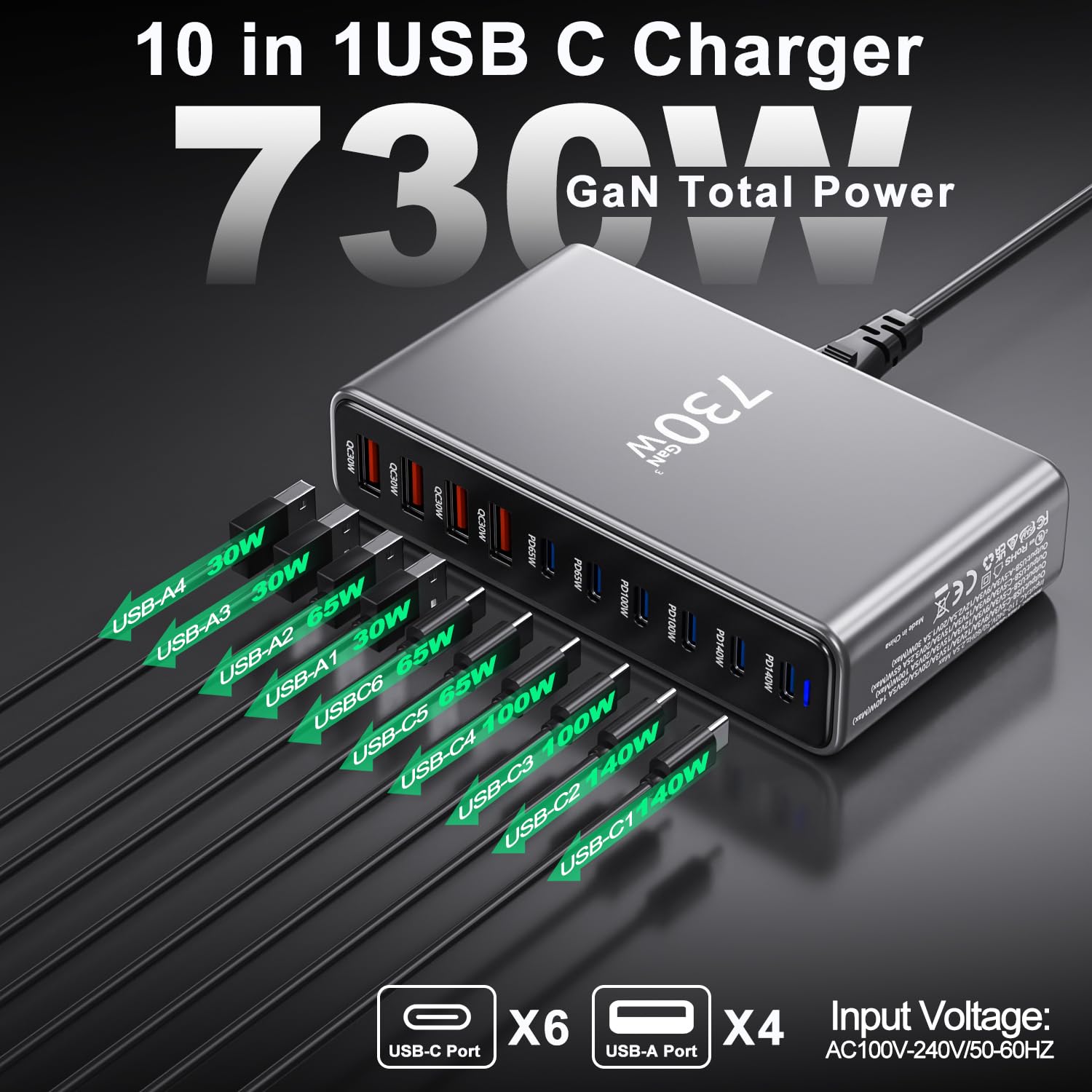Cargador USB C 730W, Estación de Carga 10 Puertos, Cargador Rápido Adaptador Sector para Ordenador portátil 140W, Alimentación PD, Compatible con iPhone/Samsung/Google/Laptop/MacBook Pro/Air/DELL