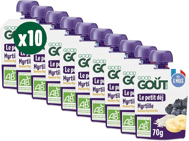 GOOD GOÛT - Petit Déj Myrtille - Gourde Pour Bébé - Dès 6 Mois - Format Nomade - Sans Sucres Ajoutés - 70g