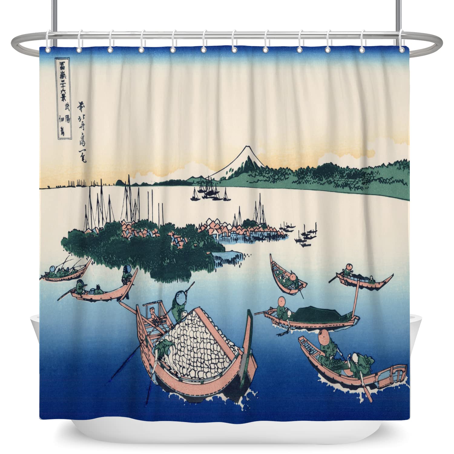 SDOTPMT 72x84inch Japanese Wood Boat Nautical Fishing Shower Curtain Ukiyo-e Kanagawa Ocean Scenery Bath Curtain Mount Fuji Orient Classic Ethnic Shower Curtain for Bathroom Polyester with Hooks