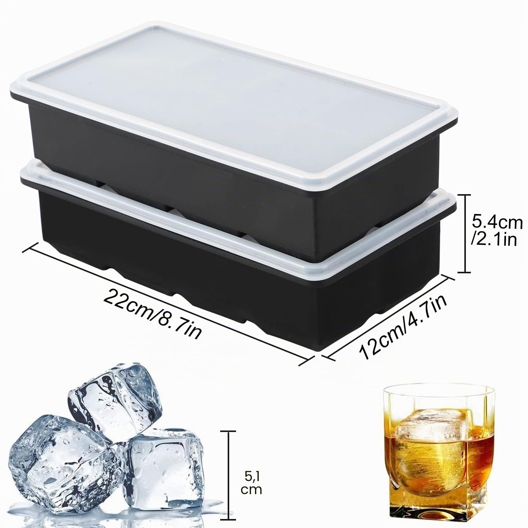 LessMo XXL Cubitera de Silicona con Tapa, Bandeja de Hielo, Paquete Doble, 5x5cm Cubos de Hielo, -40 a 260°C, BPA-Free (Negro)