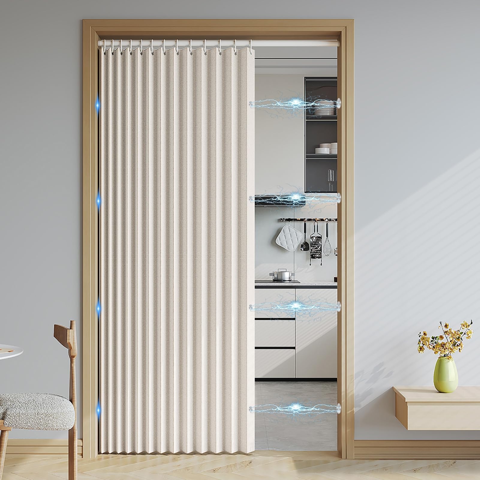 Cortina Cortina Aislante Termica Magnética Plegable, Cortinas Opaca Invisibles para Puertas de Entrada, Sala de Estar, Armarios y Dormitorios, 220 g/m², Beige, 100x220cm