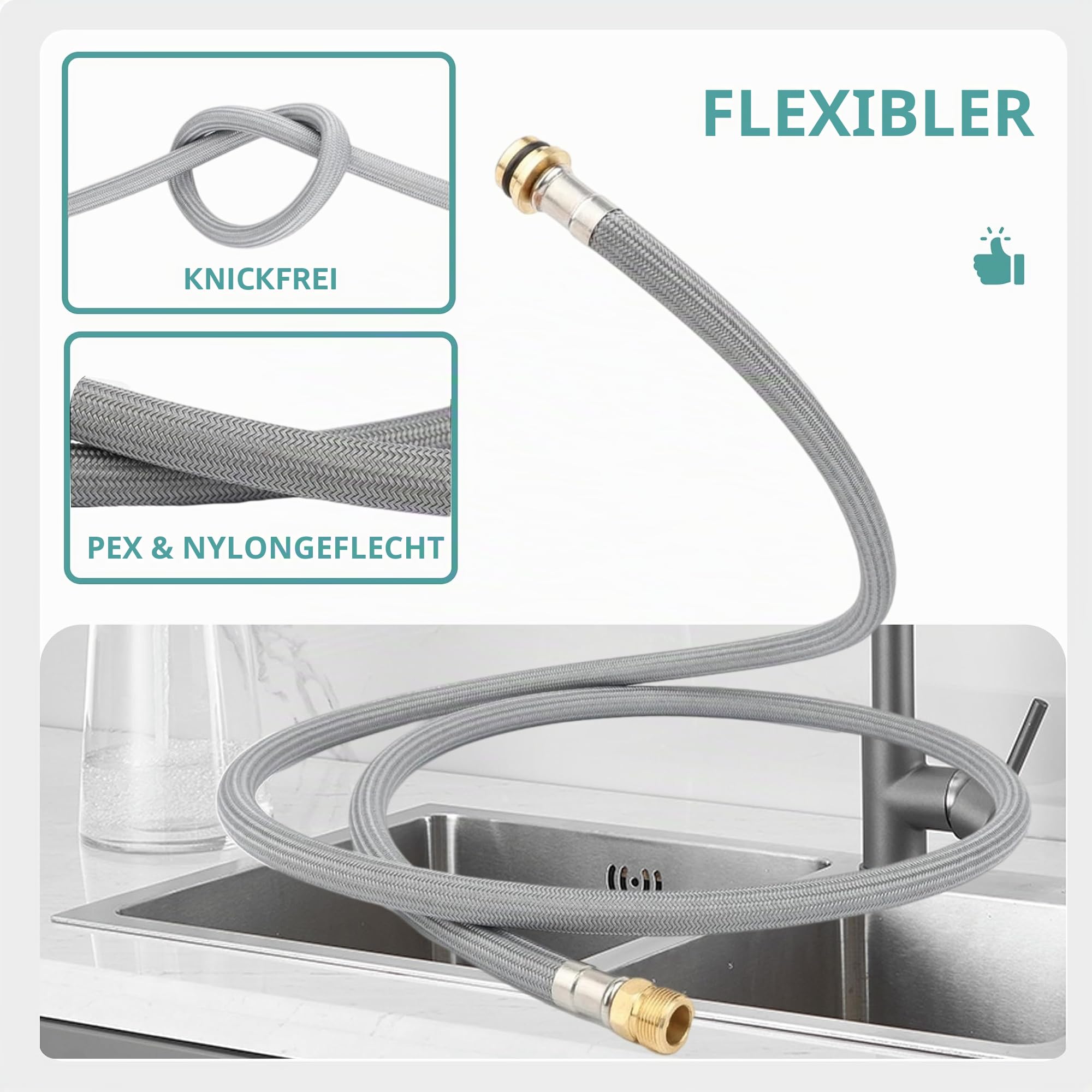 48293000 Ausziehbarer Küchenarmatur Brauseschlauch 1500 mm – Ersatzschlauch mit Gewicht und 3 Adaptern – Teil Nr. 48293000