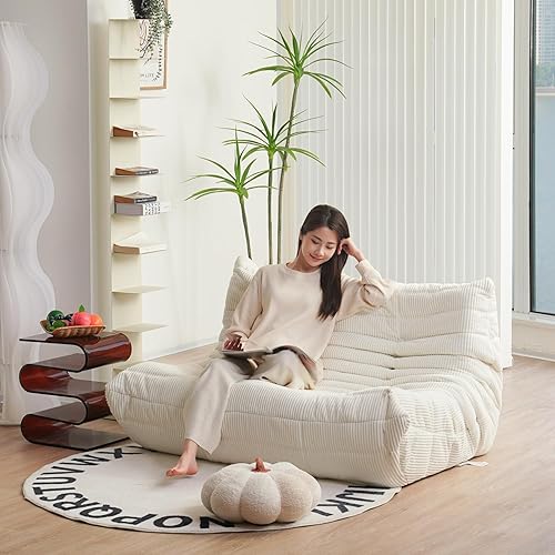 Miniatura 3 de N&V Fireside Sofá biplaza, sofá de suelo de mediados de siglo sin brazos, silla de piso de pana suave de alta calidad, sofá de espuma para sala de