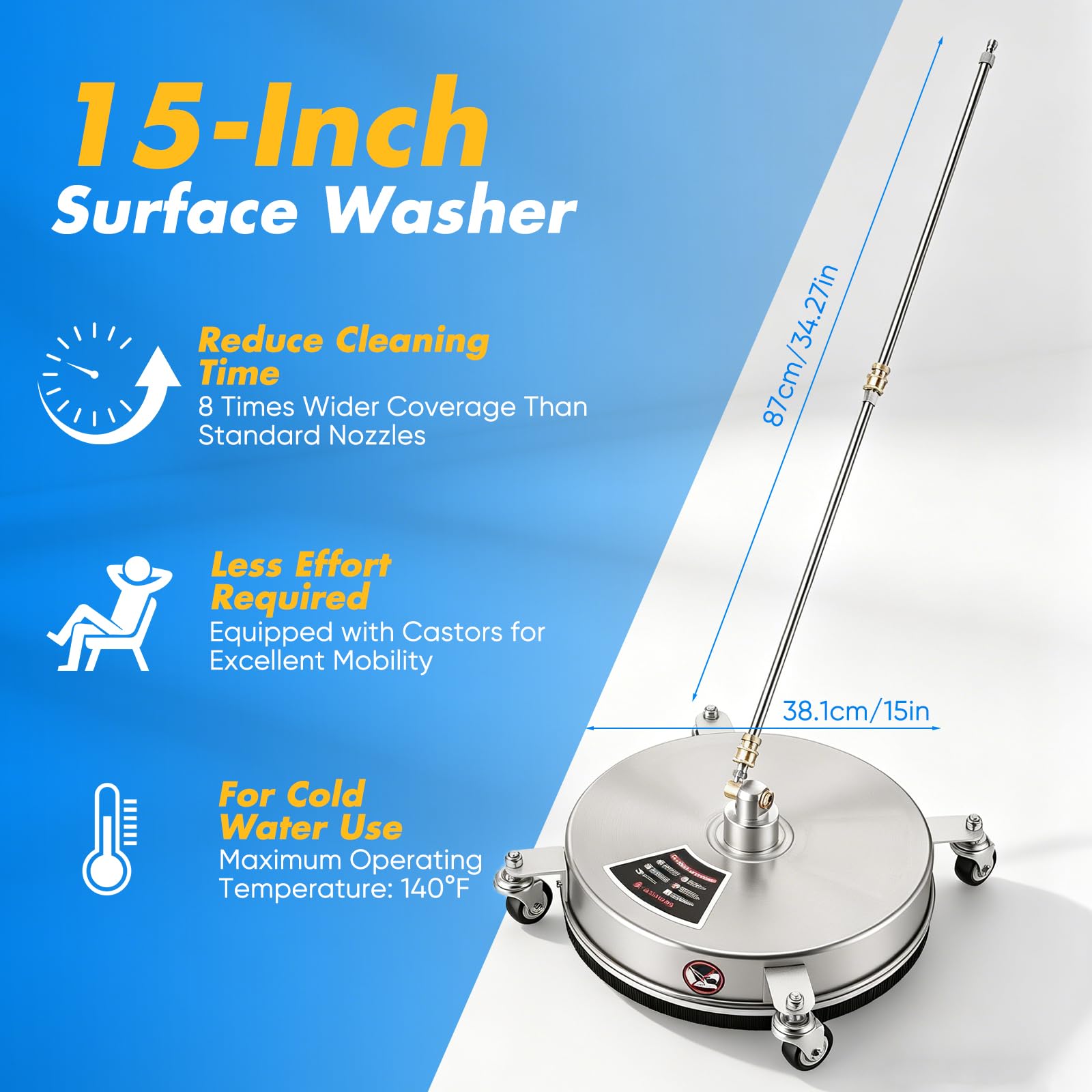 Limpiador Superficies para Hidrolavadoras, Limpiador Superficies 15" Máquina para Limpiar Adoquines con 4 Ruedas Carcasa Acero Inoxidable Conector Rápido 1/4 Pulgada y 2 Lanzas Extensión (15")