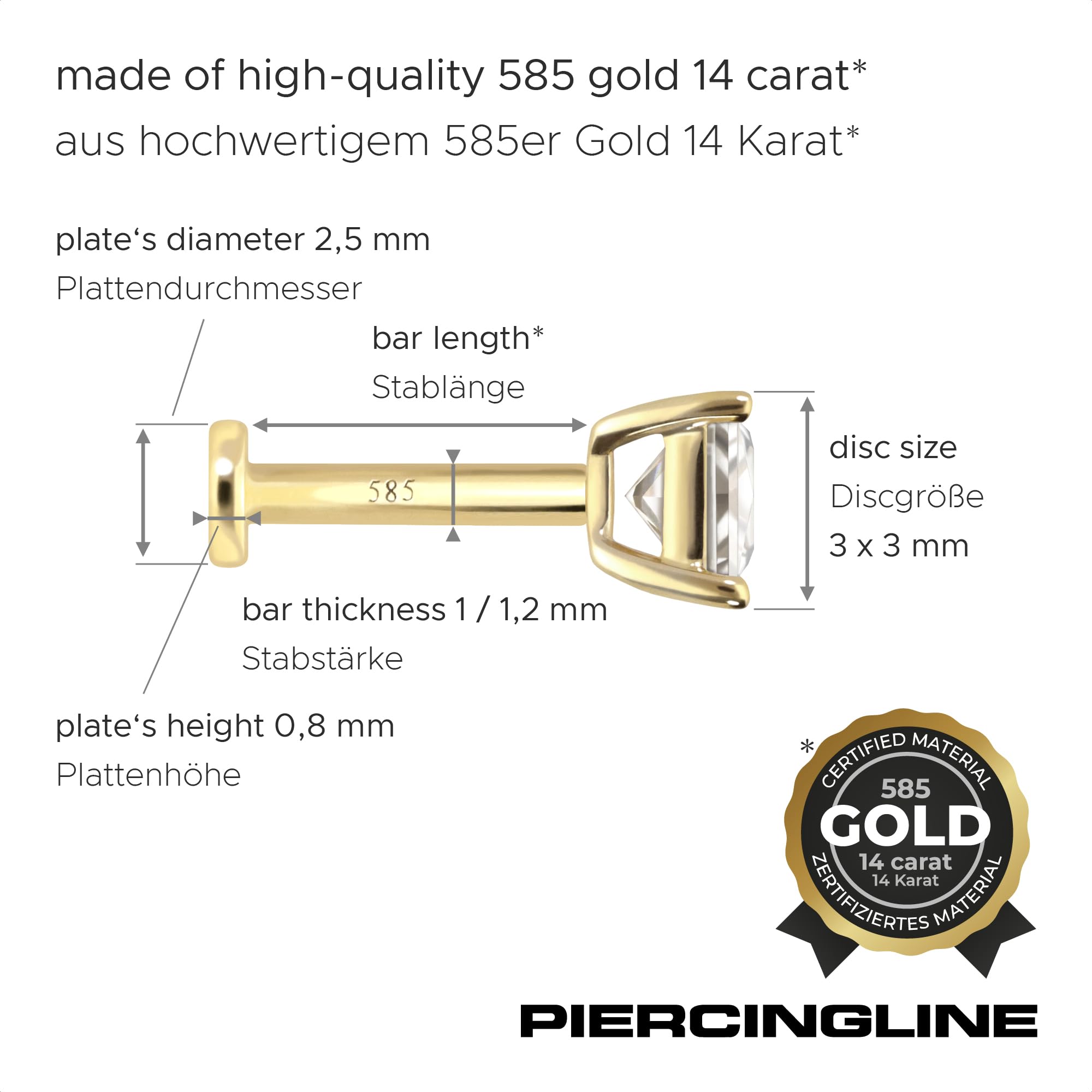 PIERCINGLINE Piercing Stecker 14 Gold Labret mit Innengewinde MOISSANIT-QUADRAT 585er Gold - Roségoldfarben, Goldfarben, Silberfarben