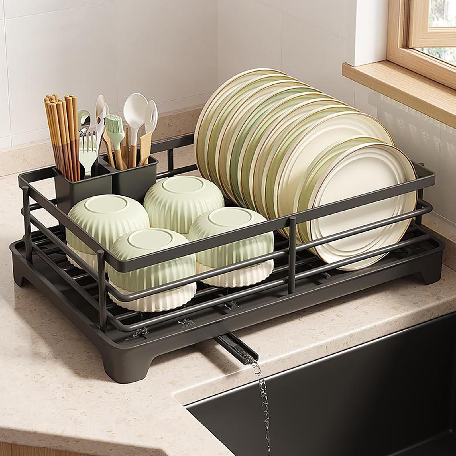 Geschirrkorb aus Eisen mit Abtropffläche und Besteckhalter, extra groß, platzsparendes Design für Küchenspülen, rostfrei und robust (Schwarz, Groß)
