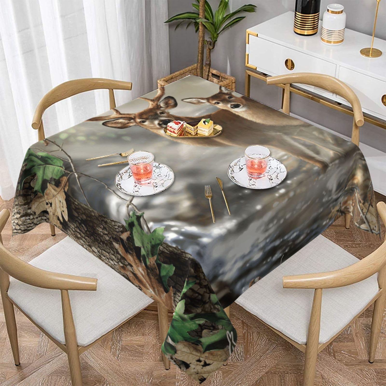 DCEHGEW Camouflage Deer Prints Square Tablecloth 137x137 CM, Waterproof Fabric Table Cloth for Dining Table, Farmhouse Table Cover for Kitchen Dining Tabletop Decoration