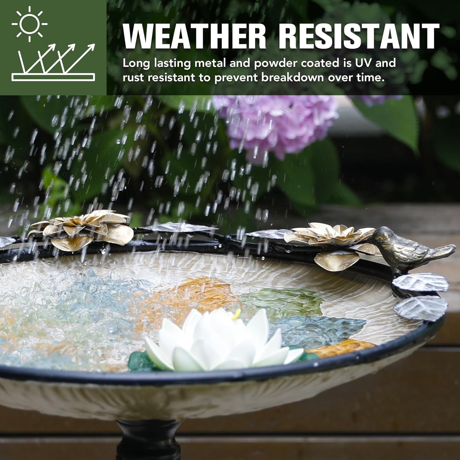Solution4Patio 17.7" Metal Bird Bath for Outdoors with Flower Perch, Weather-Resistant Heavy-Duty Steel, Stable 25.6" Tripod Base & Textured Petal Bowl, Easy-Clean Garden Décor