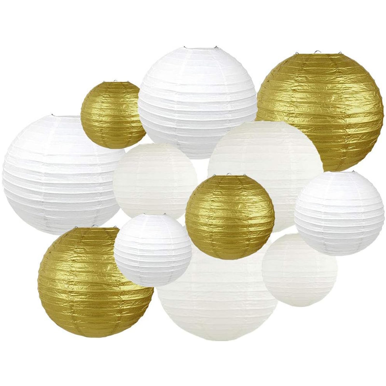 Surwin 12PCS Paper Lanterns, Chinese Lanterns Biodegradable Paper Lampshades Colourful Paper Lanterns for Weddings, Baby Shower, Celebrations, Garden, Party Decor (White/Gold/Eggshell)