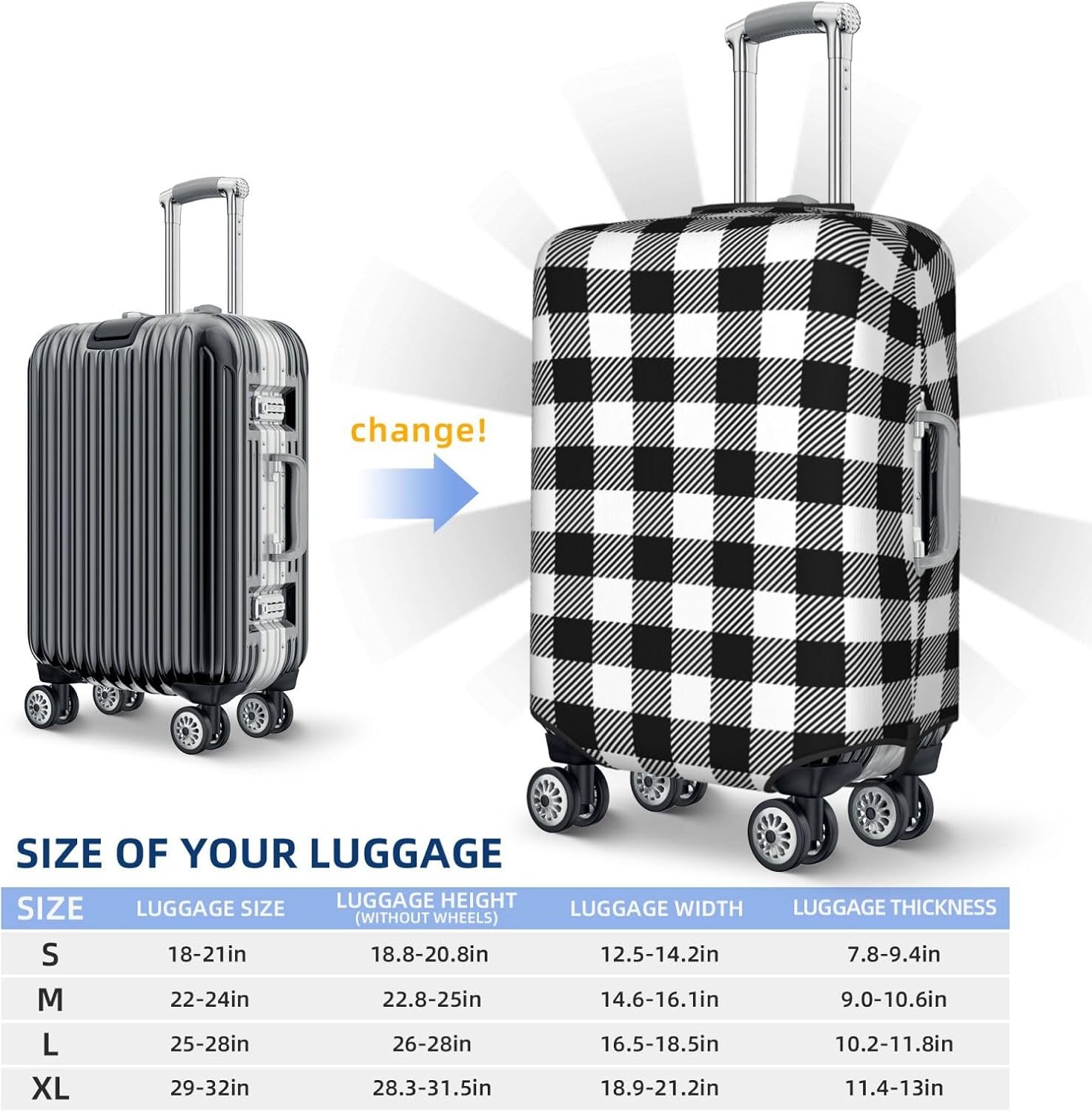 Spandex Travel Luggage Cover,Black And White Plaid Suitcase Protector Bag Dust-Proof Washable Suitcase Cover