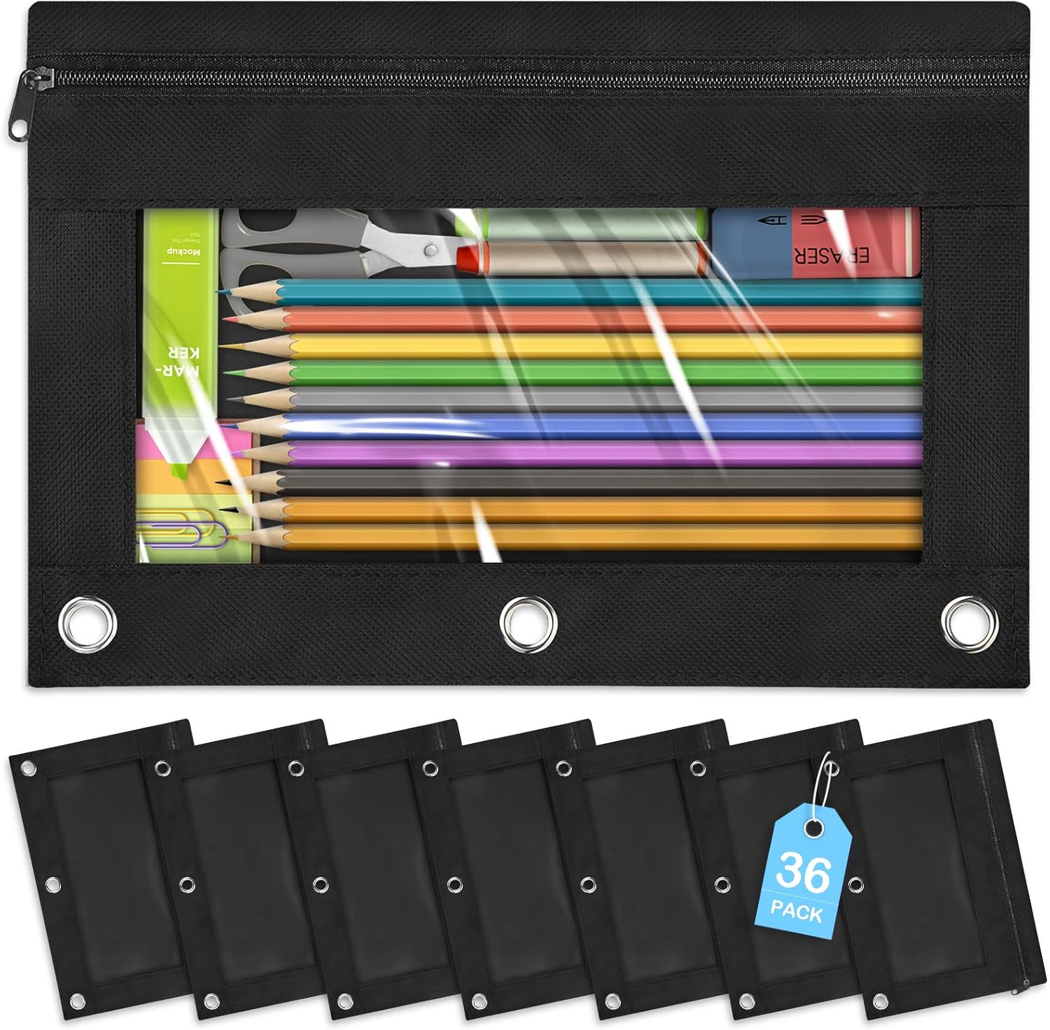 SpringFlower 36 Pack Pencil Pouch for 3 Ring Binder, Binder Pencil Pouch in Black, Pencils Pouches for Binder with Clear Window, Smooth Zipper for School, Office Supplies