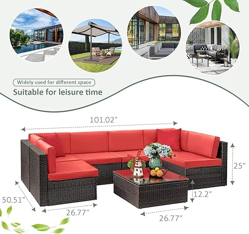 Miniatura 37 de Devoko Juego de 7 muebles seccionales para exteriores para sofá de patio, tejido manual, mimbre de mimbre, juegos de conversación para patio