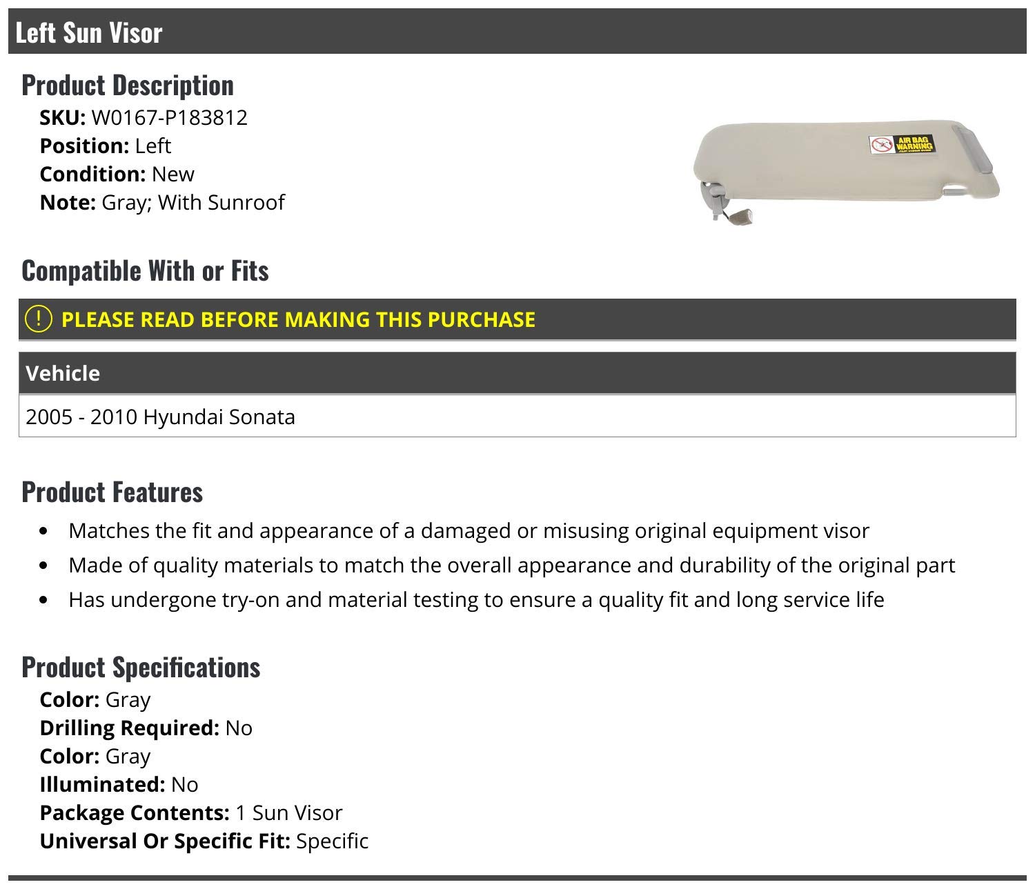 Marketplace Auto Parts, Left Sun Visor - Gray - Compatible with 2005-2010 Hyundai Sonata (with Sunroof)