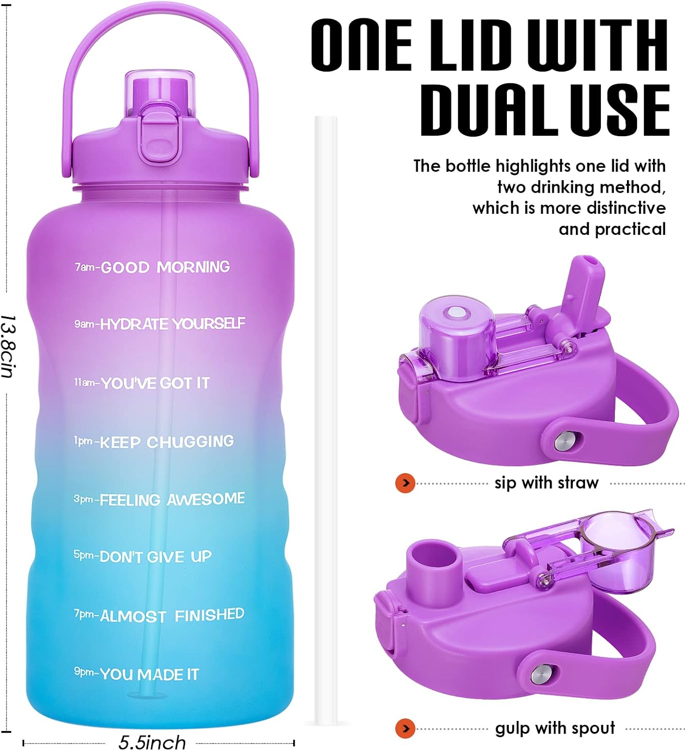 HydroPal 1 Gallon Water Bottles with Straw, 128 oz Water Bottle BPA Free Innovative 2-IN-1 Lid Gym Bottle with Times to Drink Motivational, Large for Sports Fitness Camping Water Jug （13.8X5.5 inch） image 2
