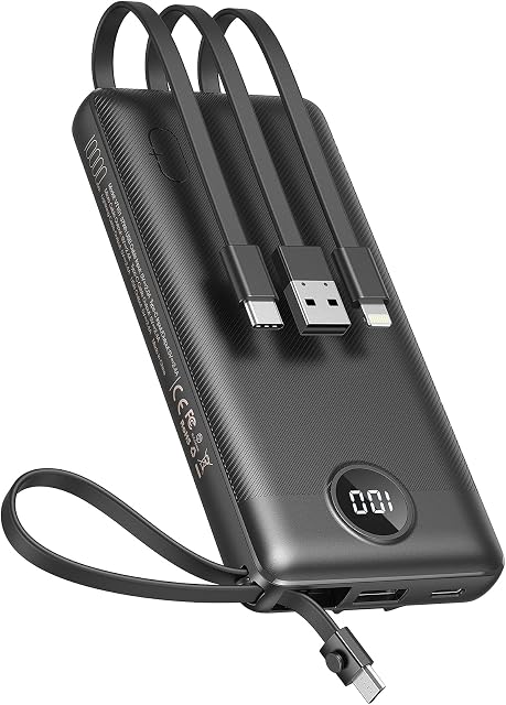 VEEKTOMX Power Bank with Built-in Cables, 10000mAh USB C Portable Charger with 5 Outputs and LED Display, External Battery Bank for iPhone/iPad/Samsung Galaxy and More (10000mAh-Black)