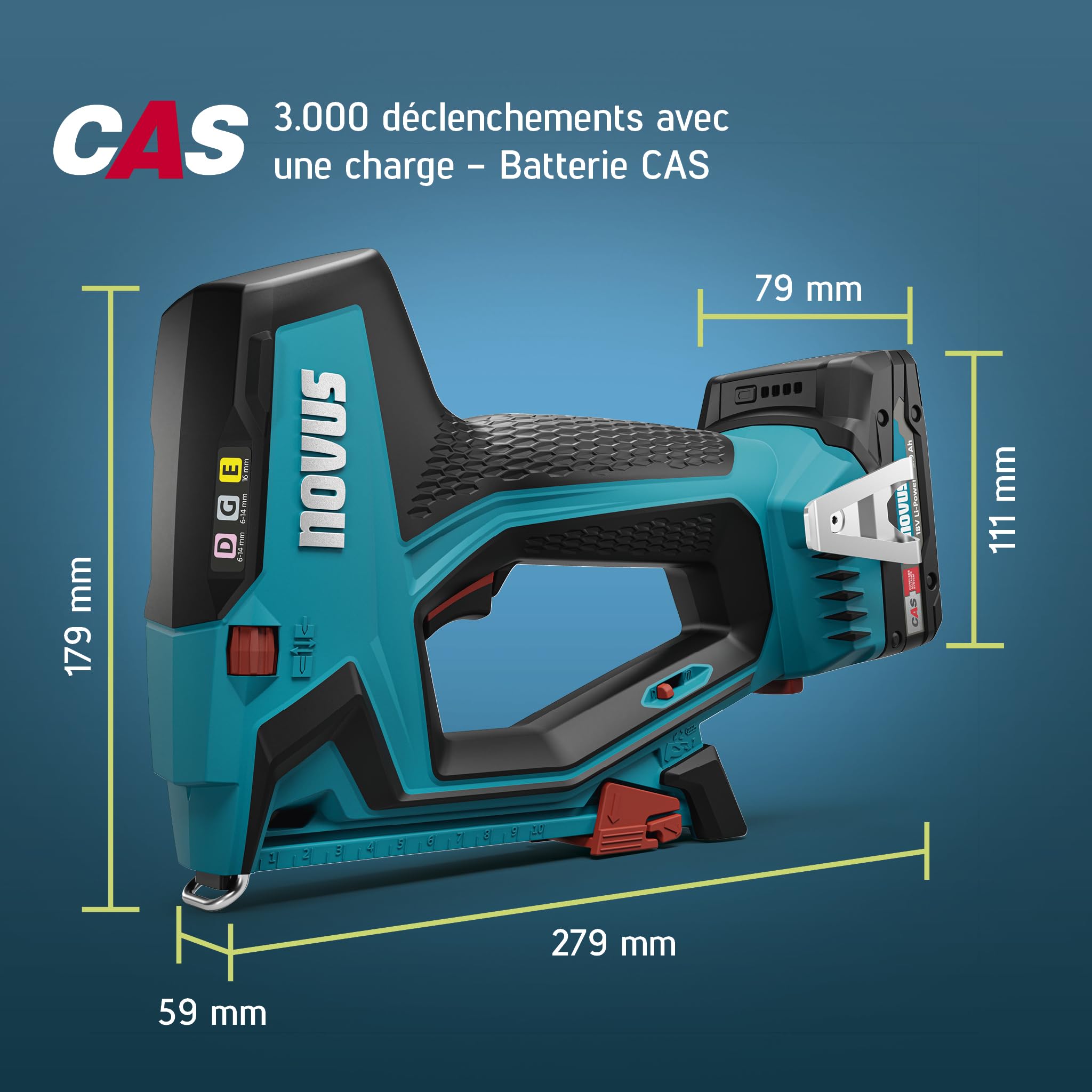NOVUS TOOLS Agrafeuse sans fil professionnelle J-551 Kit avec 9.800 agrafes │ Pour agrafes en fil plat 6-14 mm et clous 16 mm │ Compatible avec CAS 18V │ Agrafeuse cloueuse sans batterie et chargeur