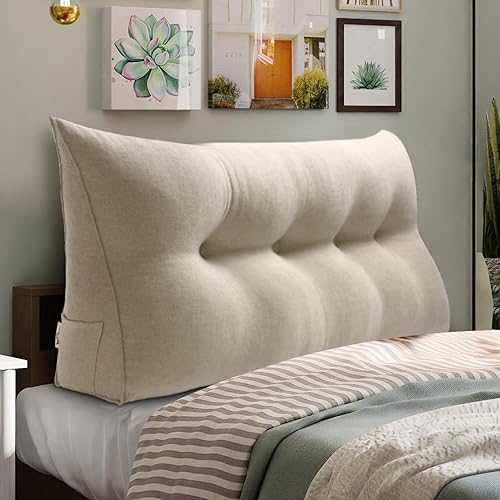 Vista 140 de WOWMAX Almohada de cabecera tamaño Queen Triangular Almohada de cuña para cabecero, almohada grande para cama con funda extraíble, 85% lino 15%