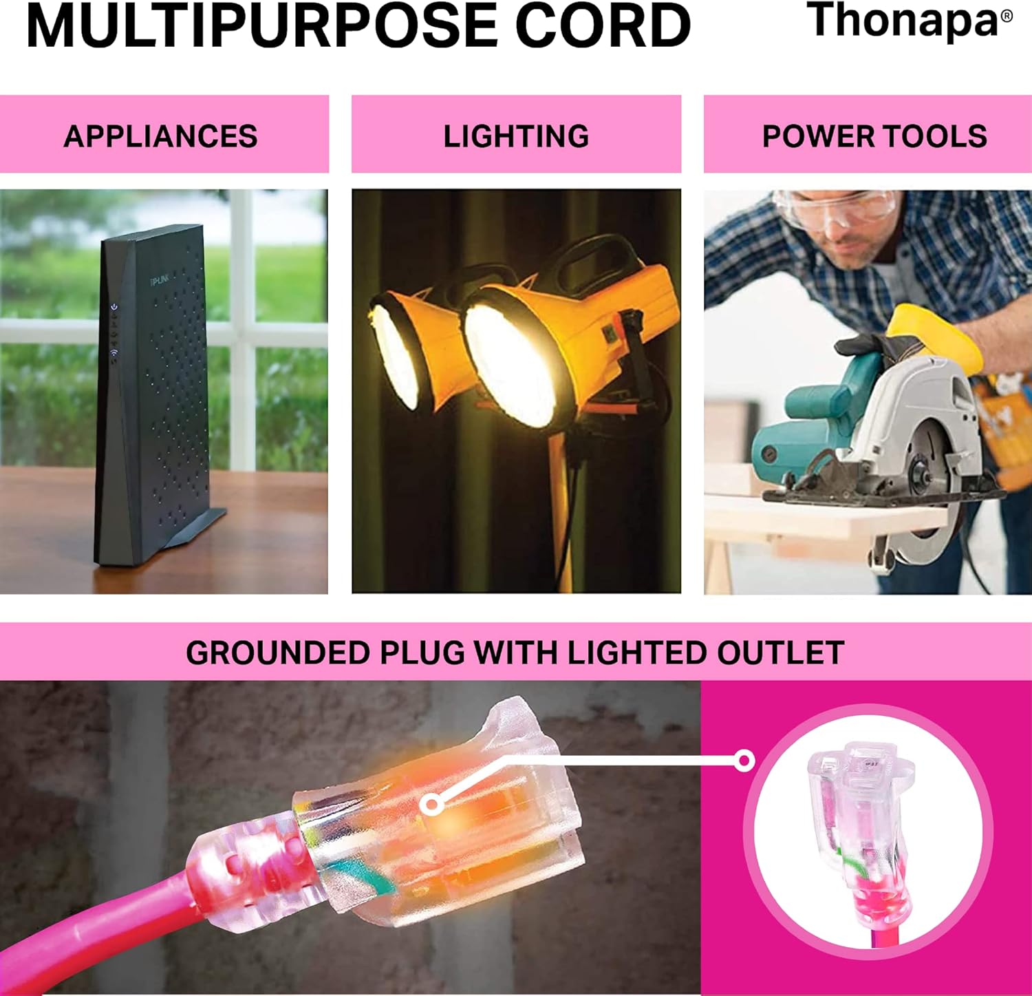 THONAPA 25 Ft Outdoor Extension Cord with 3 Prong, 16/3 SJTW Neon Pink Extension Cord 25ft, 13 AMP for Indoor or Outdoor Use, Small Appliances, Gardens, Lawn, Lights Decor - UL Listed