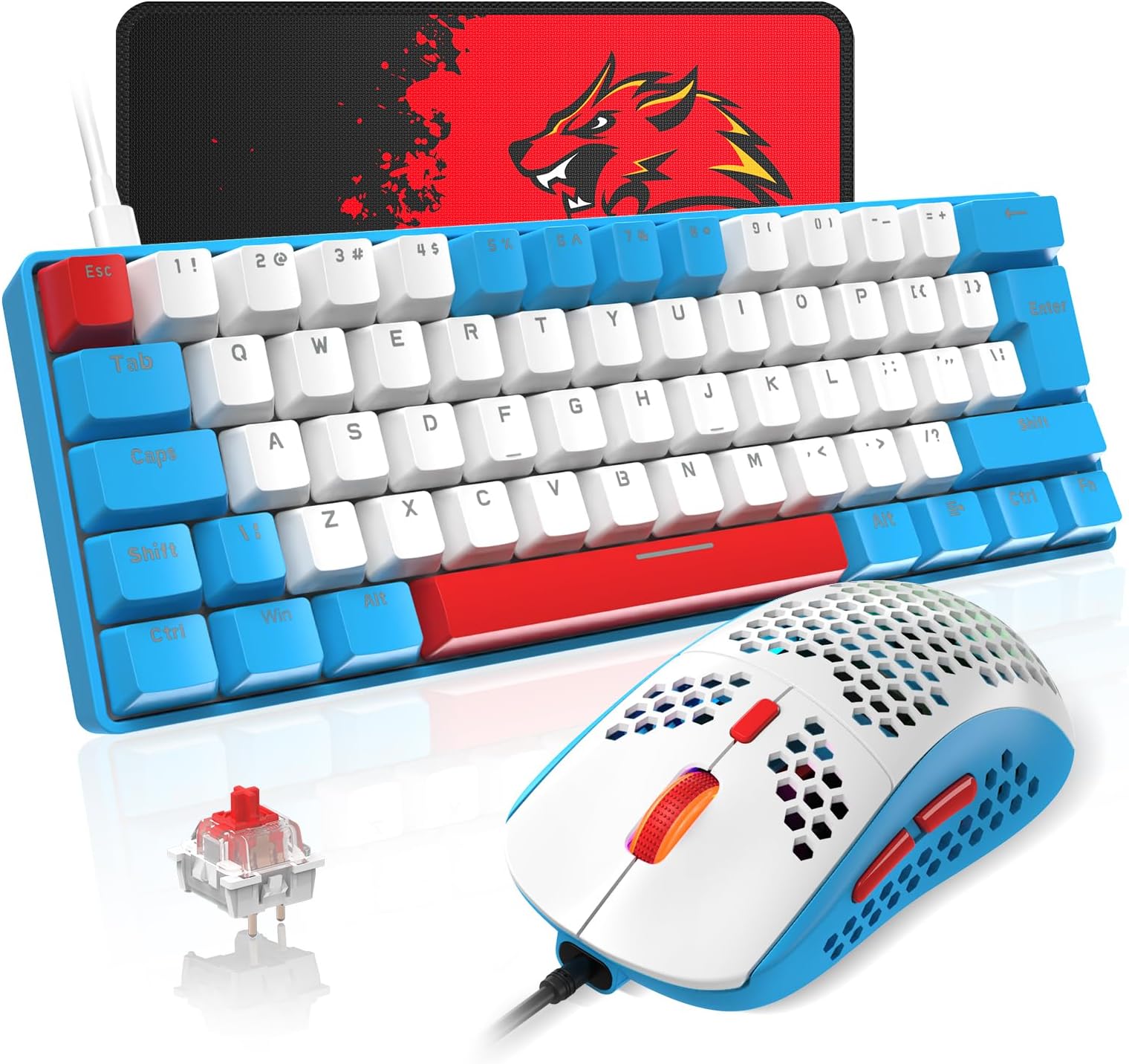 T60 UK Layout 60% Mechanical Keyboard and Mouse Set, Compact 62 Keys Mini Wired Gaming Keyboard 19 Rainbow Backlit + 6400DPI RGB Ultra-Light PC Gaming Mice + Mouse Pad For Laptop/MAC-Blue/Red Switch