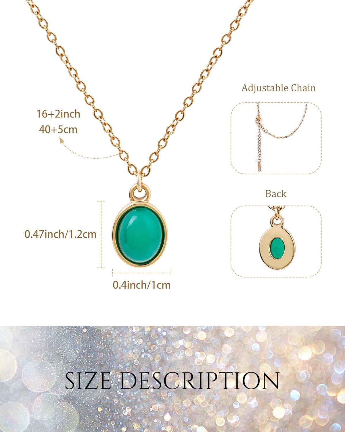 Emerald Green Gemstone Necklace for Women 14K Gold Plated Dainty Jade Pendant Necklaces Adjustable Vintage Jewelry Gift for Her - Image 3