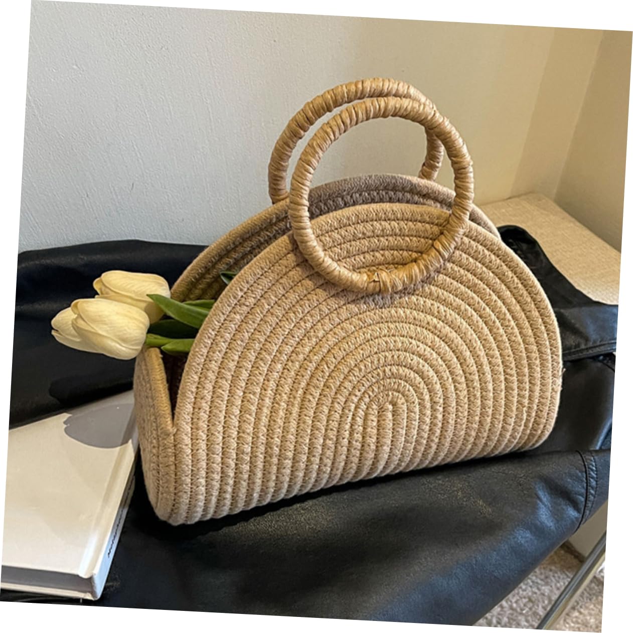IMIKEYA Borsa Intrecciata in Corda di Cotone Khaki Portatile per l'Estate Grande Capacità e Design Rustico per Mare