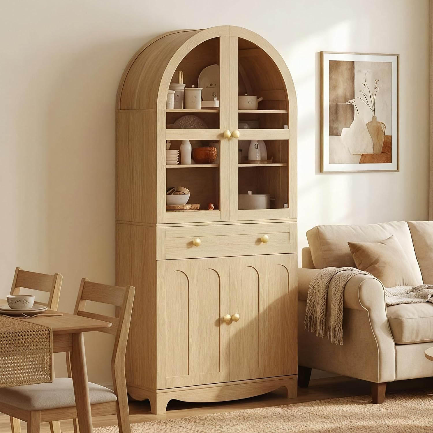 HOOBRO 71 inch tall arched pantry cabinet in a living room setting, demonstrating its versatility as a display cabinet next to a sofa.