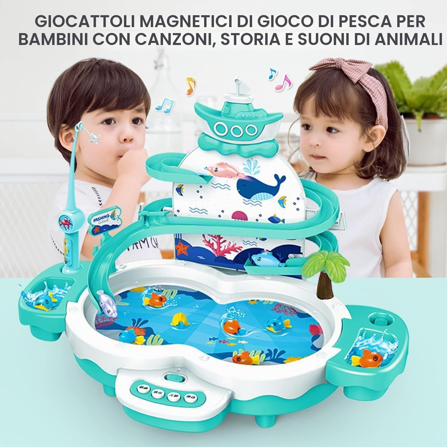 Gioco Musicale di Pesca con 2 Canne da Pesca e 10 Pesci e 3 Delfini, Musica Educativi Gioco Pesca Pesci con Pista, Gioco Interattivo per Bambini 2 3 4 Anni Regalo Bambina Bambino