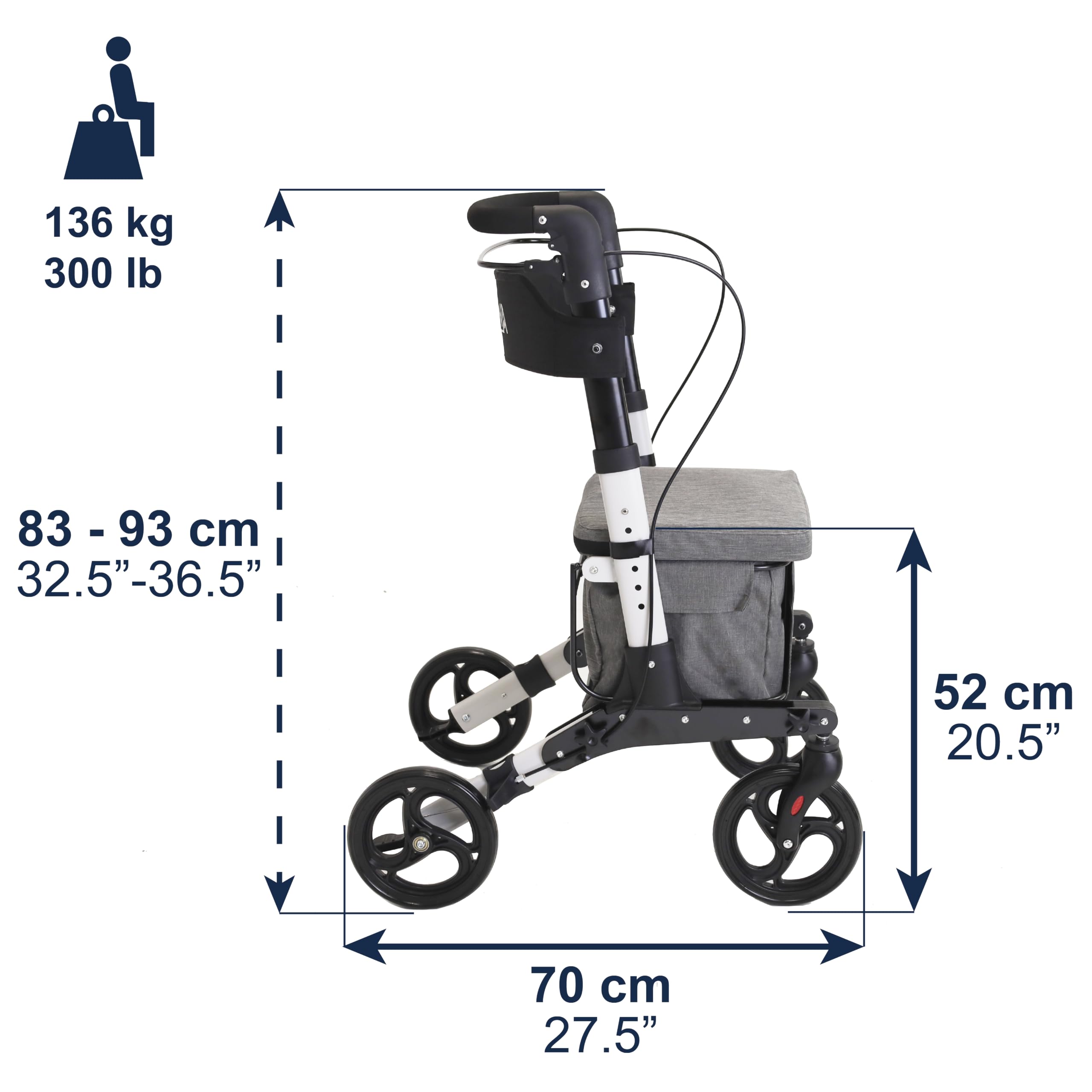 KMINA Carrello Spesa con Seduta, Deambulatore Anziani Pieghevole, Grigio | Schienale e Borsa Espandibile fino a 60 L, 4 Ruote Girevoli, Freno a Leva Singola, Altezza Regolabile, Alluminio
