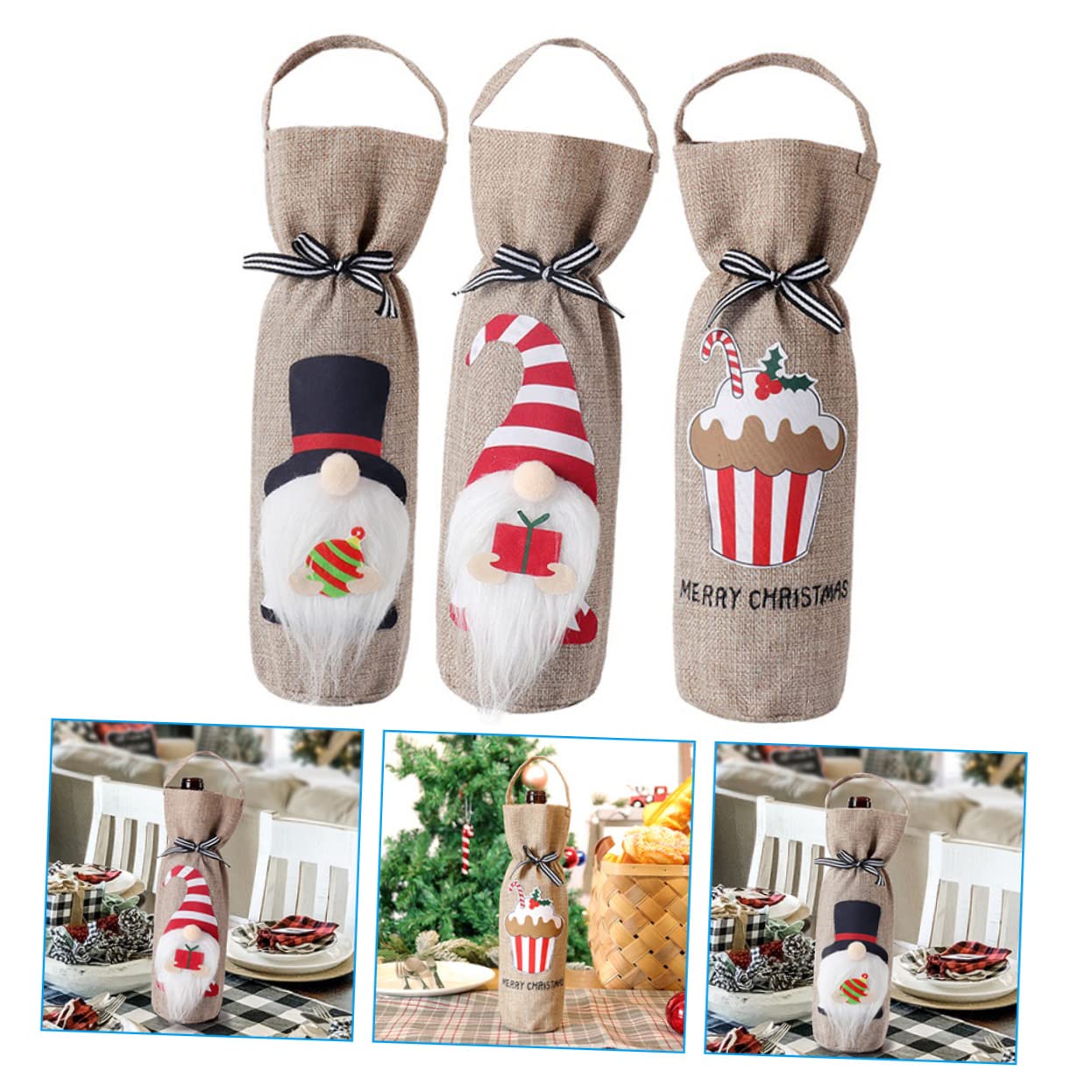 Ciieeo 5 Ensembles Housse De Bouteille De Vin en Toile De Jute De Transport De Boissons avec Fenêtre Housse De Vin du Père Noël Décoration De Porte De Noël en 3 pièces * 5