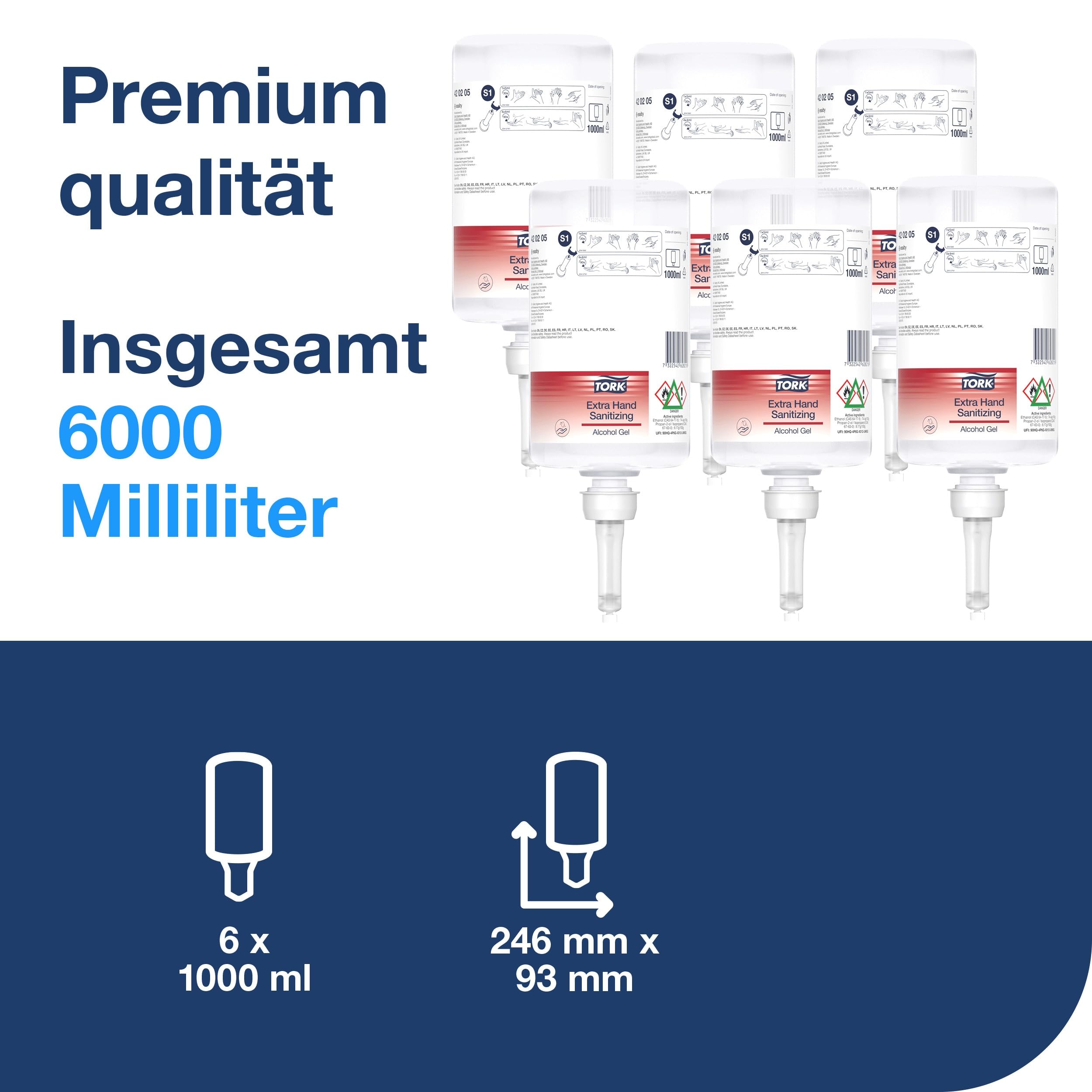 Tork Extra Händedesinfektionsgel S1, Desinfektionsmittel ohne klebrige Rückstände, 6 × 1.000 ml, 420205