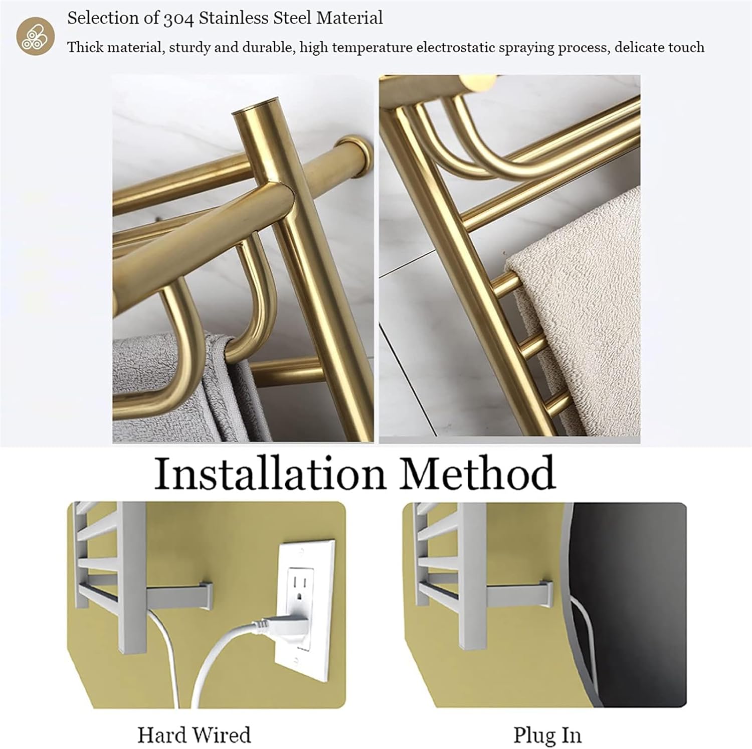 Towel Warmer Electric Wall Mounted Racks Low Power Smart Towel Rack Stainless Steel Heated Rails 6 Bar Dryer-Hard Wired(Plug in)
