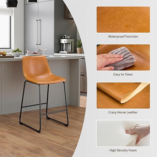 Miniatura 6 de Juego de 2 taburetes de bar de 26 pulgadas, taburetes de bar de altura de mostrador para isla de cocina, taburete de bar moderno de cuero de caballo