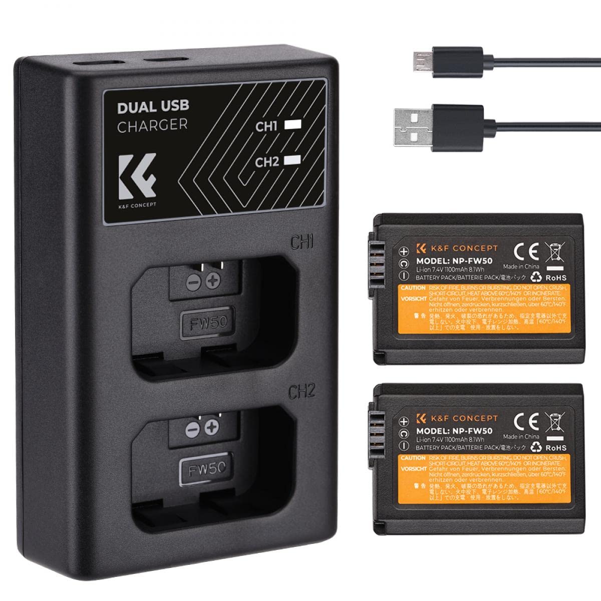K&F Concept NP-FW50 FW50 Battery Replacement for Sony NP-FW50 w/Smart Dual Type-C Travel Charger for Alpha a6000 a6100 a6300 a6400 a6500 a7s ii a7 ii a7r (2 Batteries + Charger) + 1YR WARRANTY