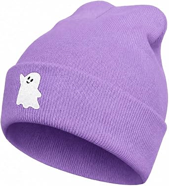 Ghost Beanie Hat Black, Cute Funny Goth Embroidery Winter Knit Skull Cap for Adult Men Women