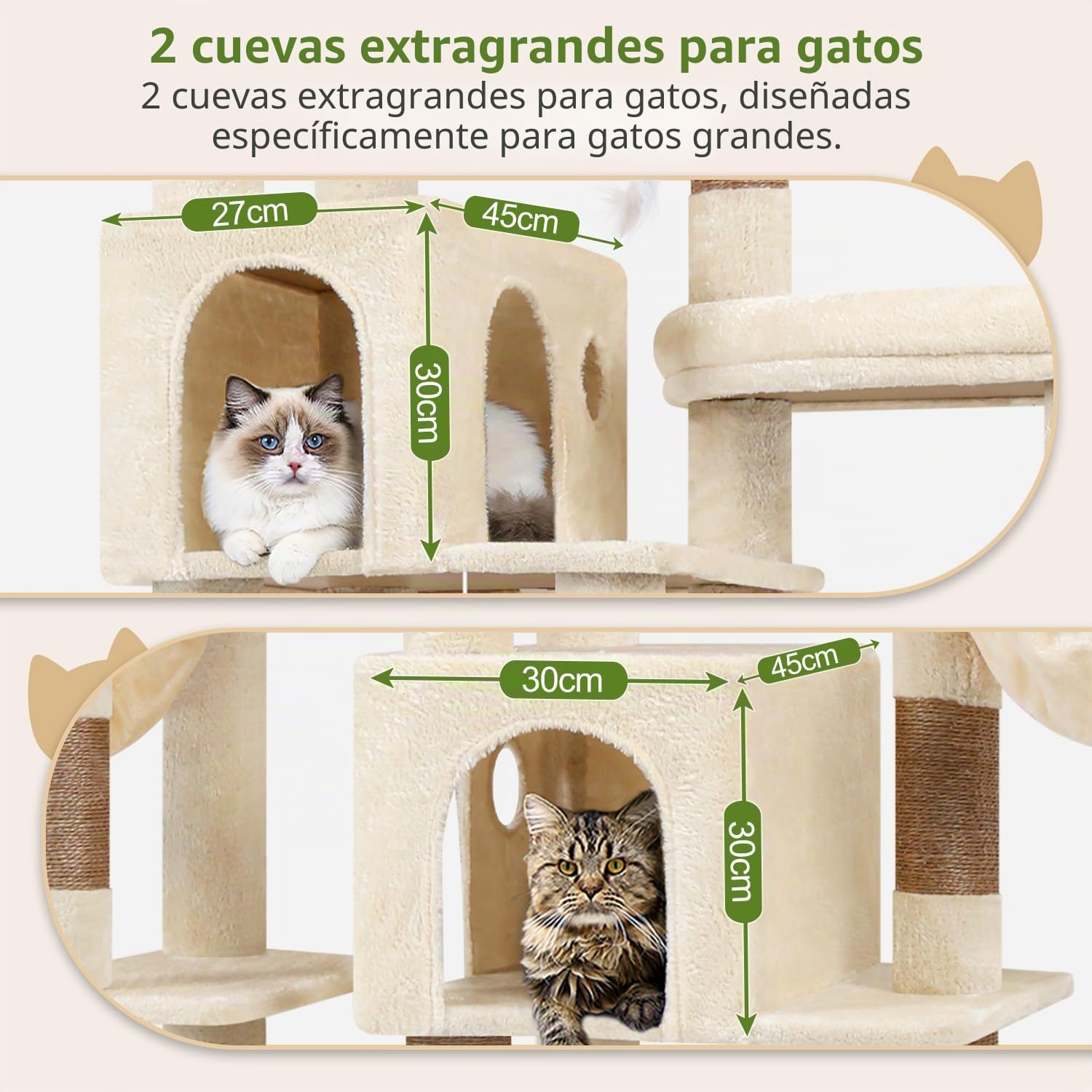 Globlazer Árbol Rascador para Gatos Grande Beige 189 cm Alto con 2 Nidos Grandes 45*30CM, 3 Plataforma Acolchada, 2 Cesta, Juguetes de Peluche, Estable Rascador para 3-5 Gatos Interior (F74F, Beige)