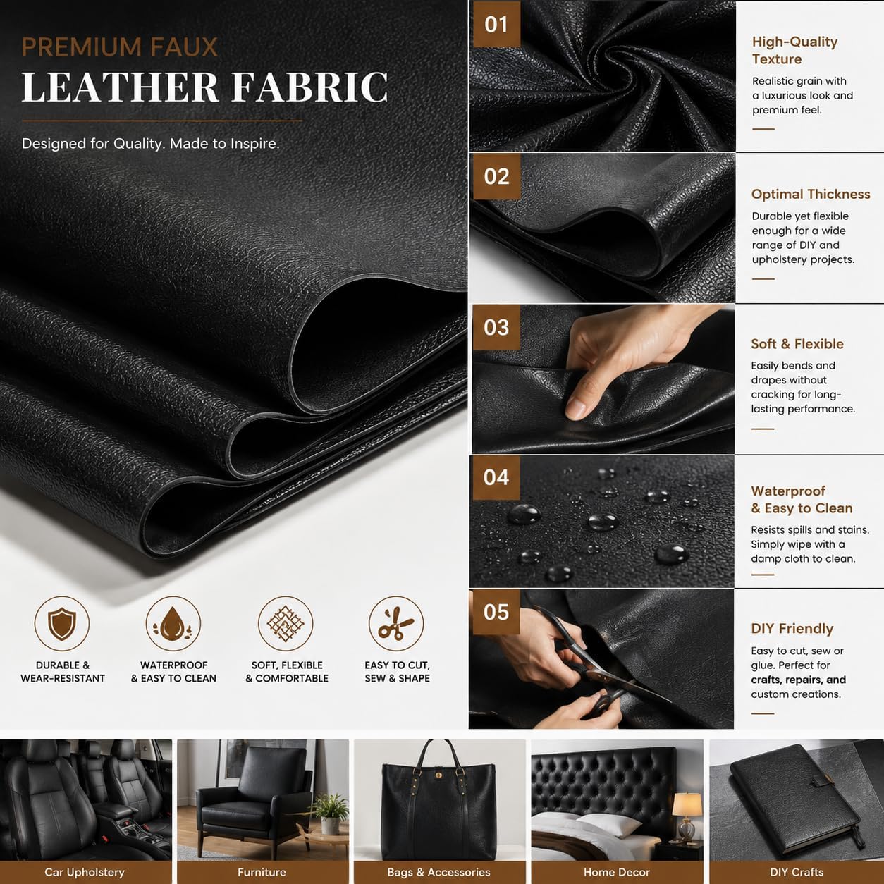 Vinyl Fabric, Marine Faux Leather Upholstery, for Upholstery Crafts, DIY Sewings, Sofa, Handbag, Earrings, Hair Bows Decorations (Black 54 x 72 inch 2YD)