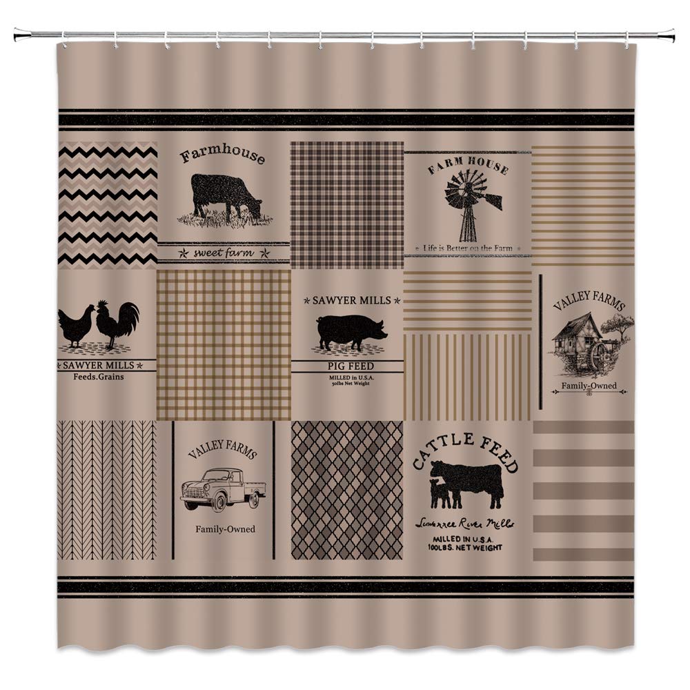 AMHNF Farmhouse Shower Curtain Rustic Sawyer Mill Farm Animal Truck Windmill Plaid Retro Home Bathroom Decor Quick Dry Fabric with 12 Hooks?70x70 Inch,Black Khaki Beige