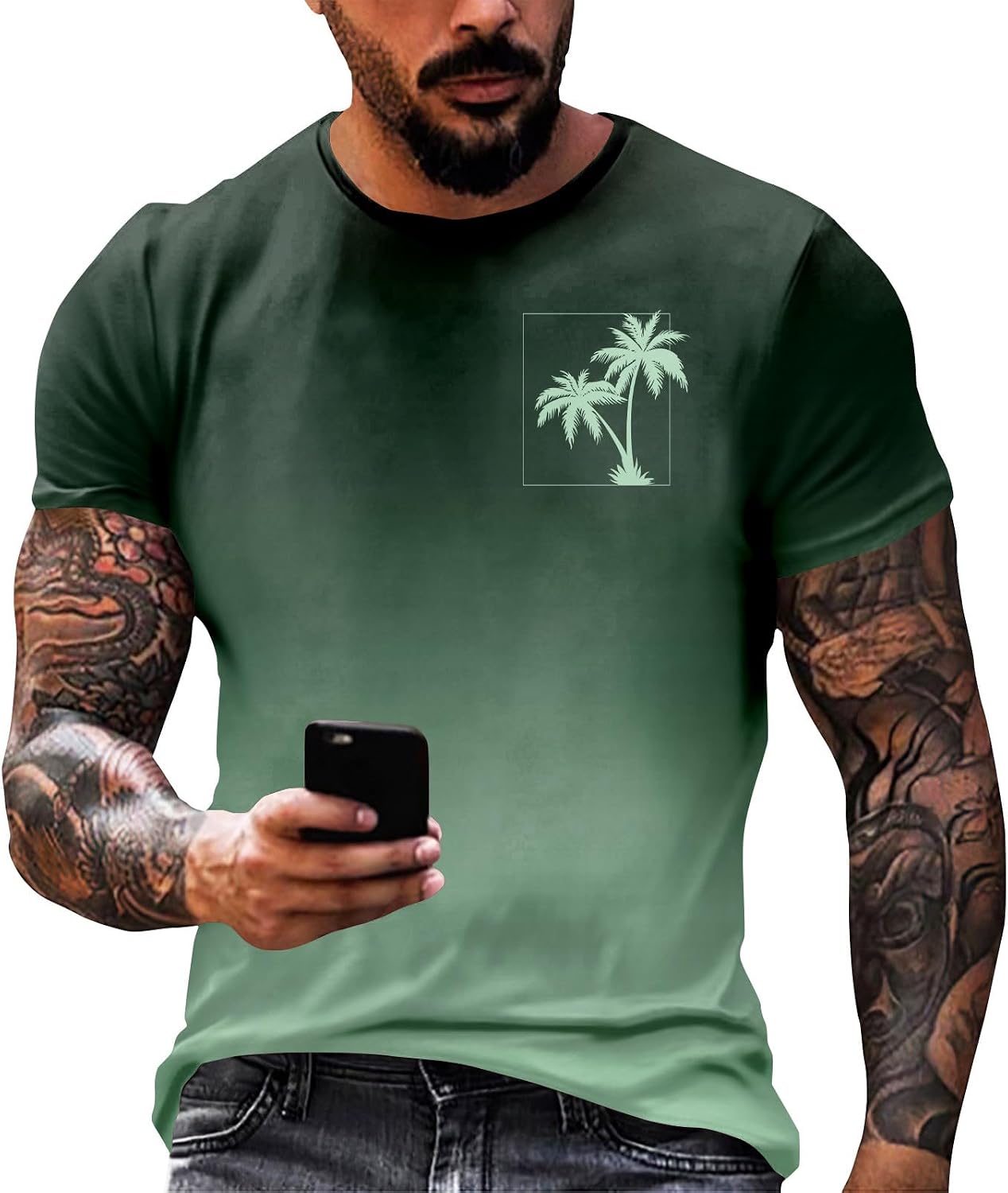WENKOMG1 Men's Casual T Shirts Short Sleeve Gradient Color Crew Neck Casual Beach Palm Tree Print Tee Shirt, S-2XL